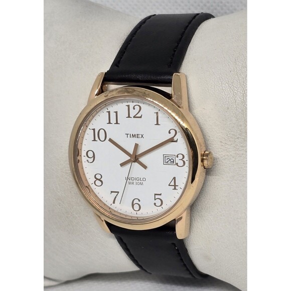 Unisex Timex Indiglo Round Date Rose Gold Tone White Dial Black Leather Watch 13 - Picture 2 of 9